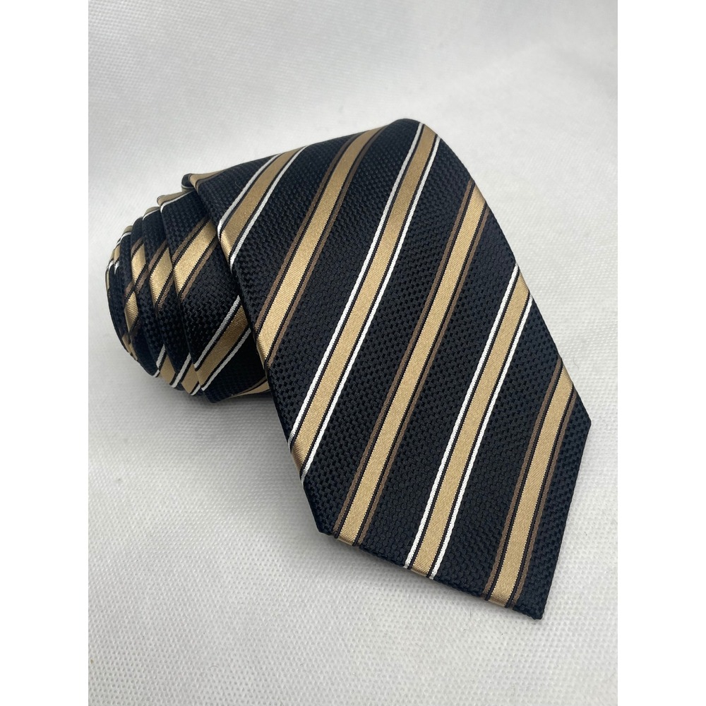 Vintage Stafford Performance Collegiate Stripe Tie Black Gold 100% Silk Necktie